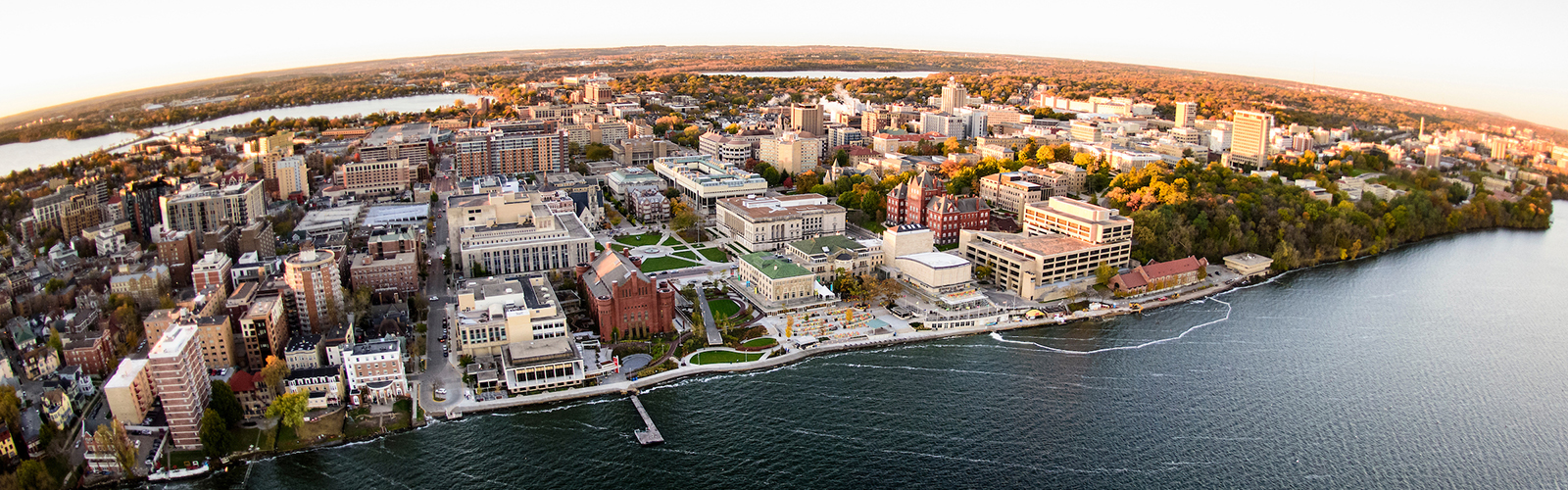 Aerial view of Lake Mendota and the UW–Madison campus.